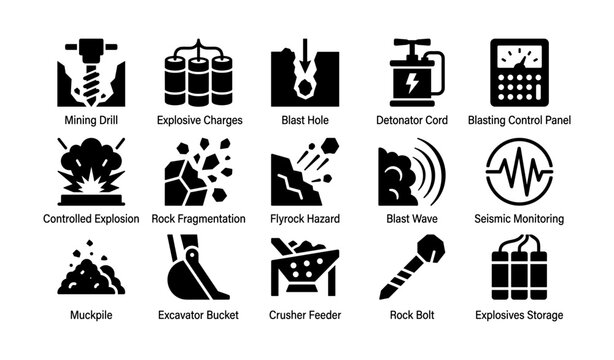 Mining blasting and equipment icons displayed on white background