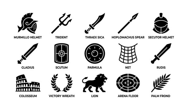 Gladiator weapons and arena symbols arranged on white background
