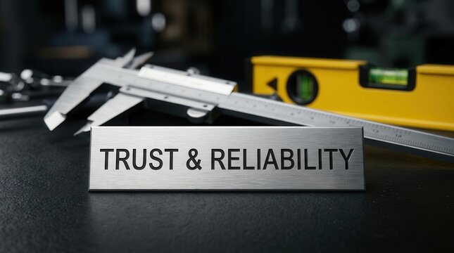 Precision calipers and a spirit level on a dark surface representing trust and reliability.