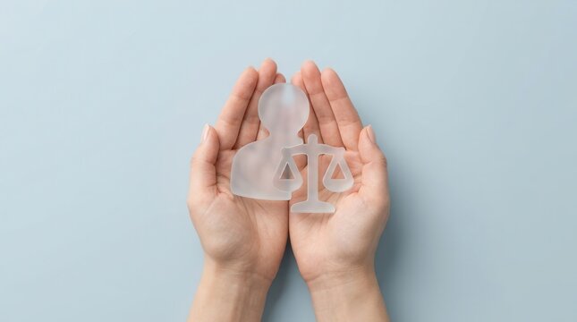 Concept of corporate compliance and business ethics shown by a hand holding a frosted glass scale figure.