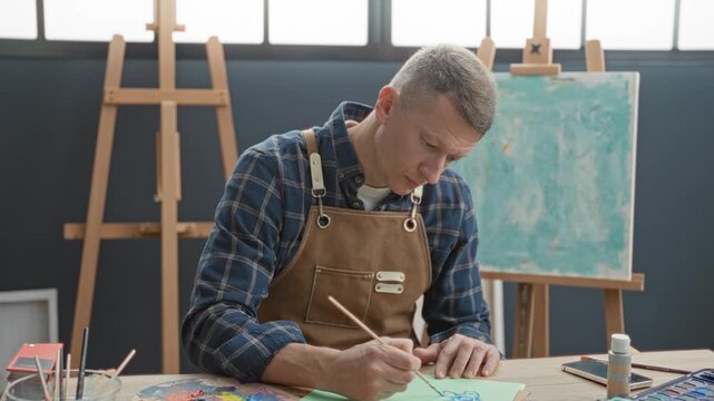 Man painter in apron holds smartphone and brush, paints at easel while rubbing forehead in studio; creative frustration.