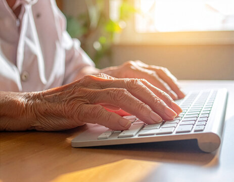 mains d'une personne &acirc;g&eacute;e sur un clavier d'ordinateur