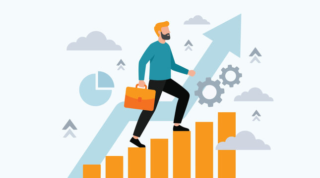 A professional man with a briefcase walks up a bar graph that turns into a rising arrow toward business success.