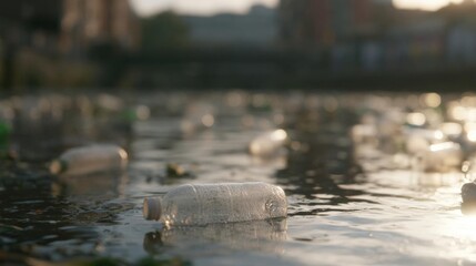 Fototapeta premium Group of empty plastic bottles floating on the surface of a body of water. the bottles are of different sizes and shapes, with some being larger and others smaller.