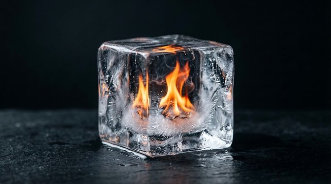 Ice cube with a flame inside creating a surreal contrast between fire and ice.