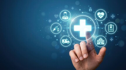 Fototapeta premium Access to welfare and medical services shown through a hand selecting a health icon.