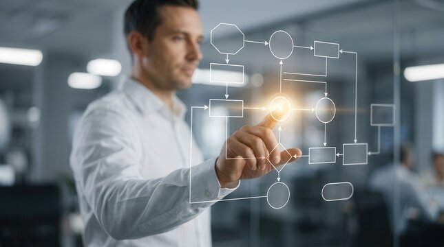 A businessman interacting with a glowing flowchart for business process automation.