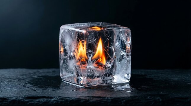 Ice cube with a flame inside creating a surreal contrast between fire and ice.
