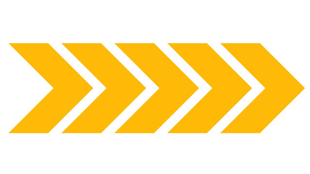 A row of five yellow chevron arrows pointing to the right with right arrow forward movement progress indicator direction progress movement sequence navigation continue geometric abstract