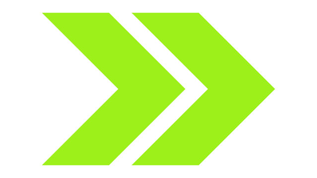 Bright green double chevron arrow pointing to the right graphic element on white background forward movement directional arrow next step isolated on white direction progress minimalist