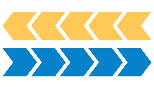 Two horizontal rows of chevron arrows top row yellow bottom row blue pointing right with forward movement directional arrow next step isolated on white direction progress minimalist