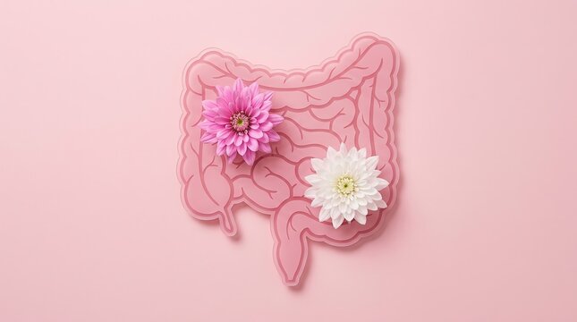 Concept of a healthy colon and gut digestion with probiotic and prebiotic flowers.