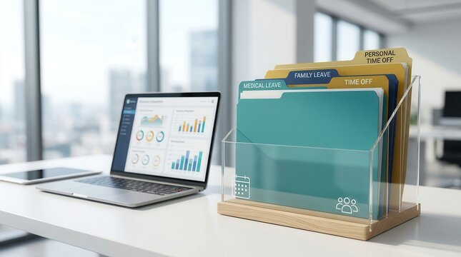 Office organization featuring medical leave, family leave, and personal time off file folders on a desk.