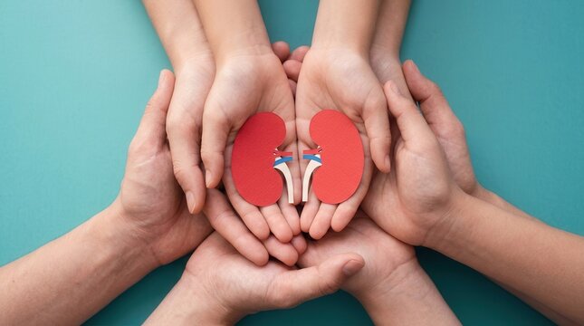 Red kidney organ paper cutouts held in adult and child hands for kidney stone and cancer awareness.