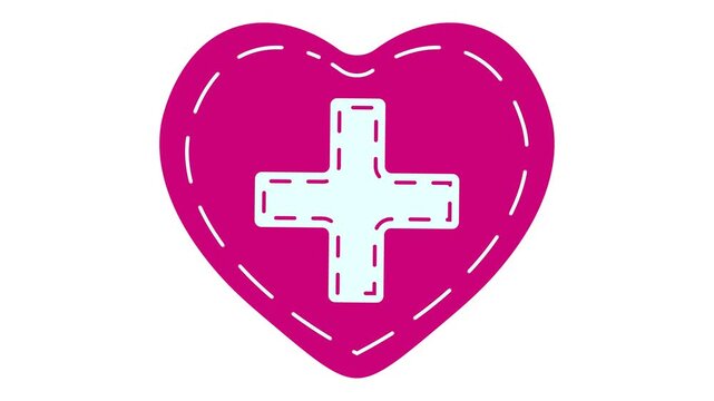 Medical cross appearing on a heart, followed by a stitch. Represents healthcare, love, first aid, donation, and medical care. 2D cartoon animation.