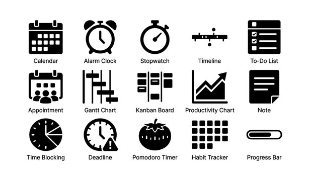 Time management icons arranged in grid on white background