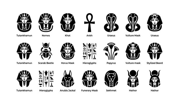 Egyptian mask and ritual symbols displayed on white panel