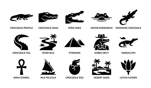 Crocodile motifs showing heads tails and nile symbols on white panel