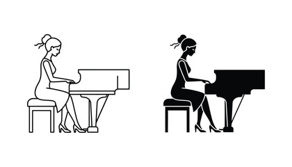 Woman playing grand piano icon set for music education and concert performance arts in simple line and solid vector styles © Lucid