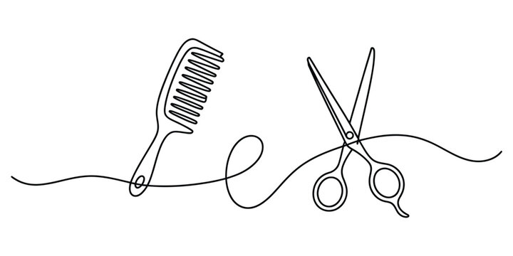 Continuous line drawing of a hair comb and barber scissors