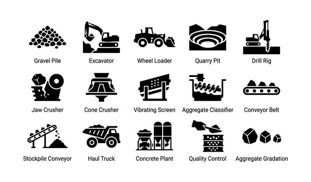 Mining and aggregate equipment icons on white background