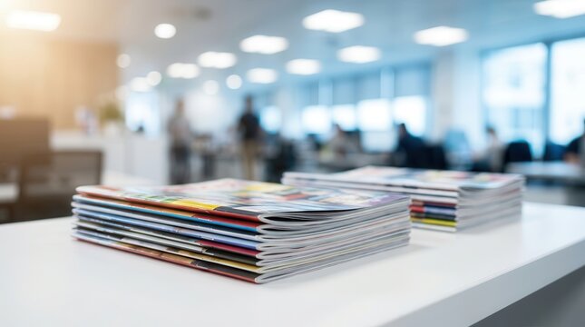 Close-up view of various magazines piled on a desk within a contemporary office.
