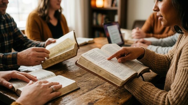 Christian people reading and studying the word of god in a small group setting.