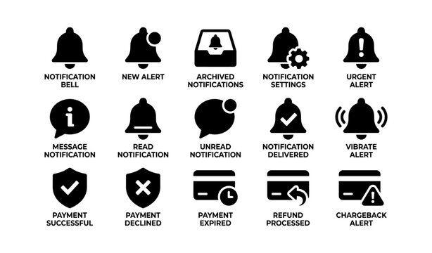 Notification and payment icons arranged on white background
