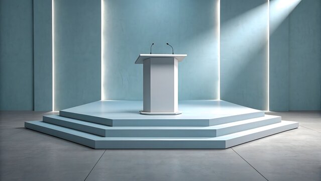 A white podium with two microphones on a raised platform in a modern light blue room with a concrete floor and backlit walls
