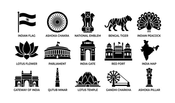 Indian national symbols displayed in grid on white background