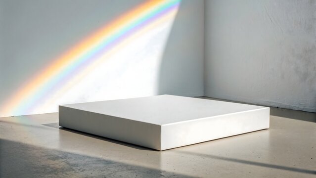 A white rectangular prism sits on a concrete floor with a rainbow shining on the wall behind it