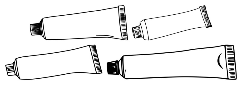 Toothpaste tube set with minimalist black outline stroke featuring hygiene, dental, care with gel and paste
