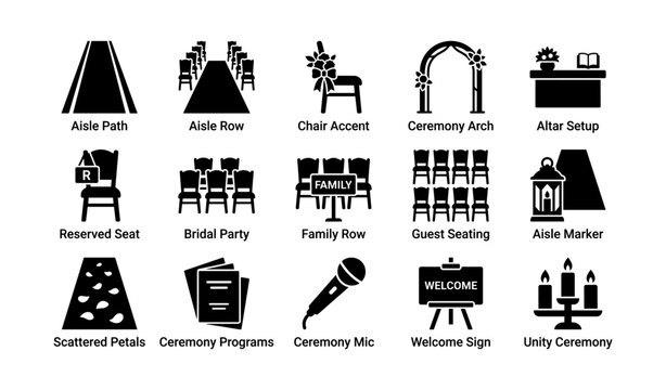 Wedding ceremony icons showing seating decor and signage