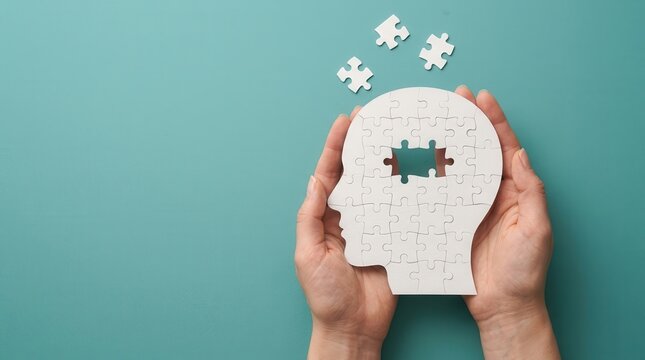 A psychology concept featuring a human head puzzle and missing pieces for dementia and Alzheimer awareness.