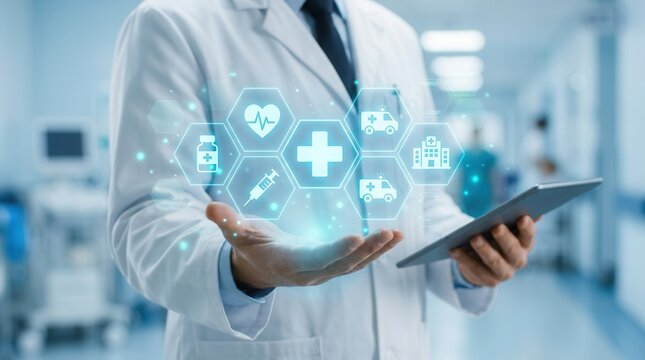 A professional physician presenting digital medical icons related to health insurance and healthcare.