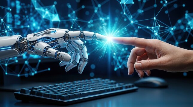 Artificial intelligence and machine learning concept showing a robot hand touching a human hand against a big data network.