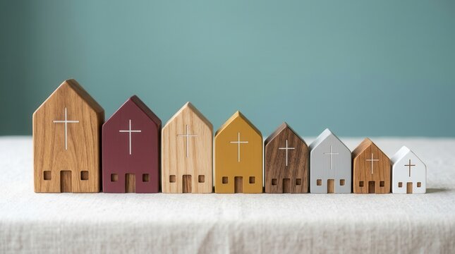 A group of wooden church miniatures symbolizing a mission of gospel and worship.