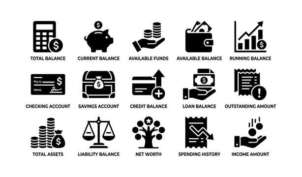 Financial account and balance icons arranged on white background