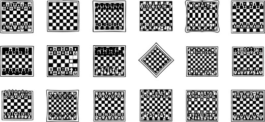 Black and White Line Art Chessboards Collection - Classic Strategy Game Boards Icon Set © pixsource