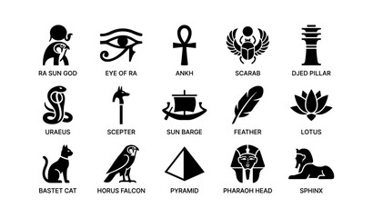 Fototapeta premium Egyptian symbols and icons displayed in grid on white background