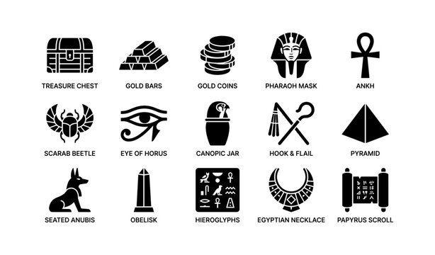 Treasure and funerary icons arranged in rows on white background