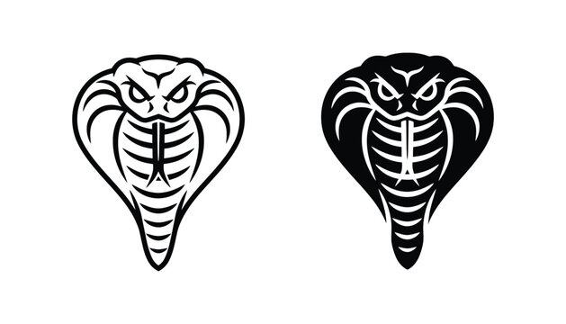 King cobra snake head icon set showing aggressive serpent design in outline and solid black filled styles for wildlife branding logos and reptile enthusiast graphic projects on white background