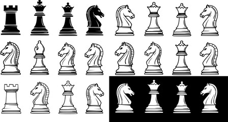 Detailed Black and White Chess Pieces Vector Set in Line Art and Silhouette Styles for Strategy Games, Board Game Design, and Gaming Industry Graphics © pixsource