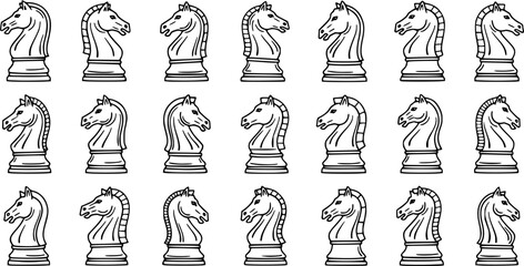 Strategy Games Industry: Black and White Line Art Vector Illustration of Multiple Chess Knight Pieces. Ideal for Sports, Hobbies, and Intellectual Themes. © pixsource
