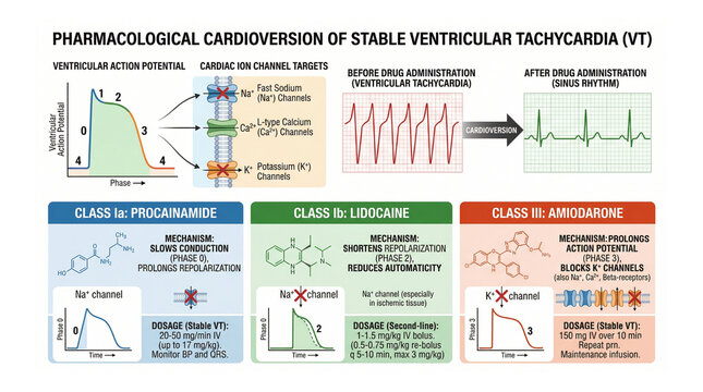 Pharmacological Cardioversion of Stable Ventricular Tachycardia: Ion Channel Mechanisms, Action Potential Phases, and Antiarrhythmic Drug Protocols
