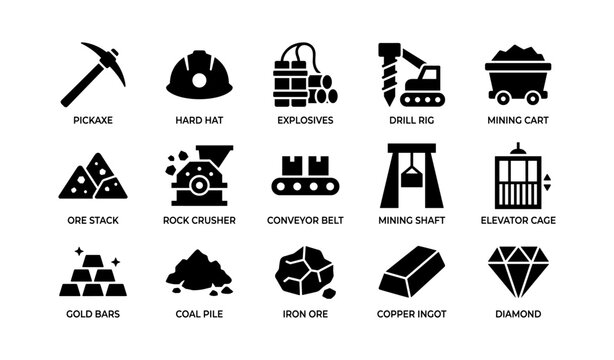 Row of mining and ore icons showing tools and materials