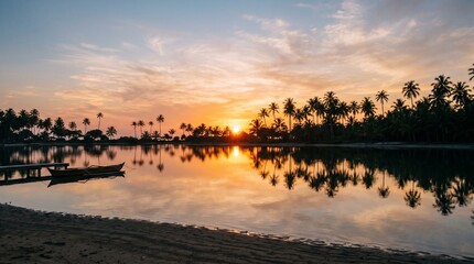 Fototapeta premium Tropical beach sunset with palm trees and boat