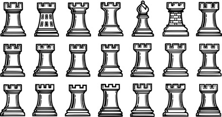 Chess Pieces Rooks and Bishop Black and White Line Art Icons Set for Strategy Games, Board Game Hobbies  Mental Sport. © pixsource