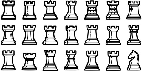 Chess Rooks and Knight Pieces Line Art Collection. Black and White Outline Icons for Strategy Games, Board Games, and Medieval Themes © pixsource