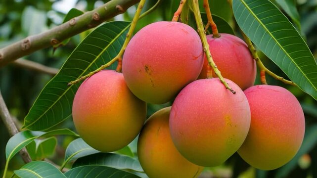 Juicy organic mango cluster growing vibrantly beneath lush tropical tree foliage outdoors today